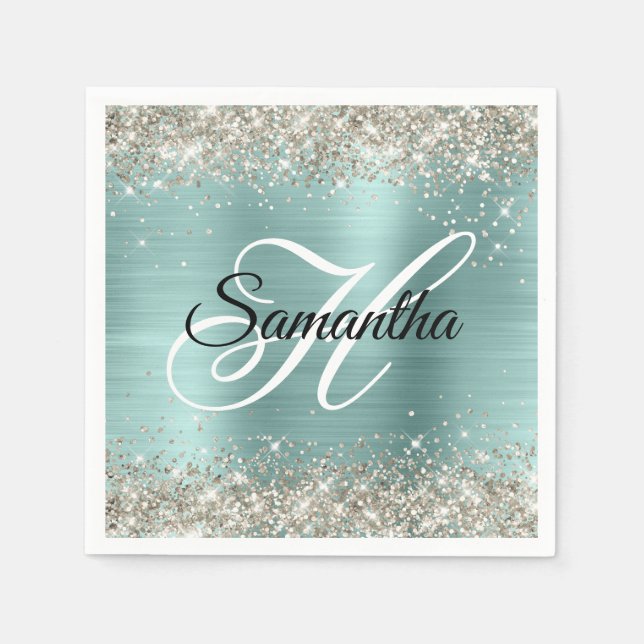 Platina Glitter Ljus Turkos Folie Monogram Pappersservett (Framsidan)
