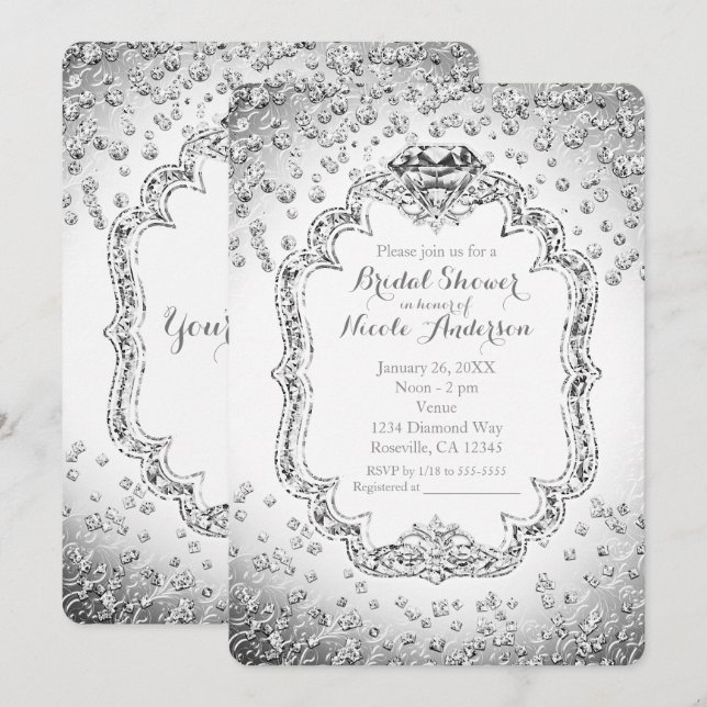 Platina Vita Silver Diamant Bling Inbjudningar (Fram/baksida)