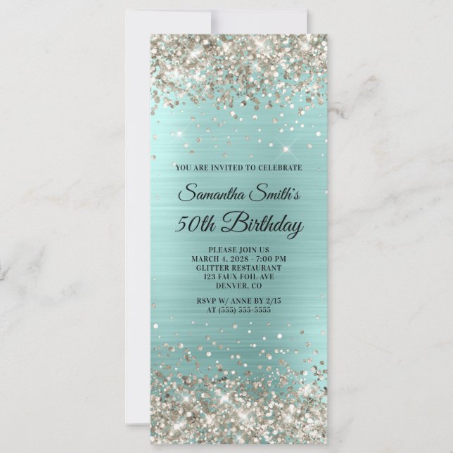 Platinum Glitter Blek Turquise Foil 50 Birthday Inbjudningar (Framsida)