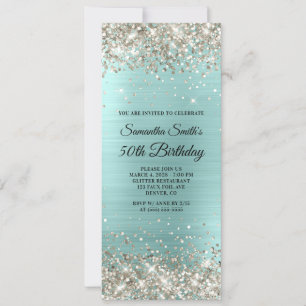 Platinum Glitter Blek Turquise Foil 50 Birthday Inbjudningar