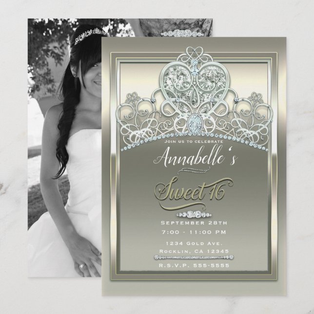 Platinum Ivory Princess Heart Tiara Sweet 16 Party Inbjudningar (Fram/baksida)
