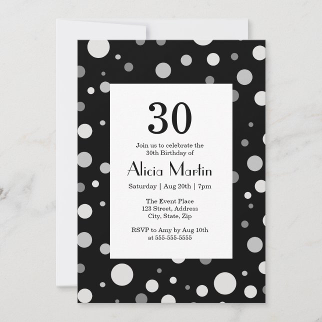 Platinum Silver Grått Polka Dot Black 30 födelseda Inbjudningar (Framsida)