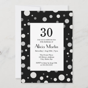 Platinum Silver Grått Polka Dot Black 30 födelseda Inbjudningar