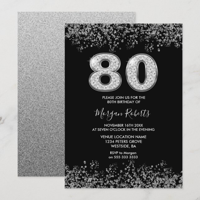 Platinum Silver Manar Womans 80:e Födelsedagsfeste Inbjudningar (Fram/baksida)