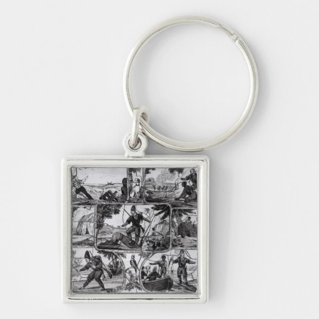 Platser från "Robinson Crusoe" vid Daniel Defoe Fyrkantig Silverfärgad Nyckelring (Framsidan)