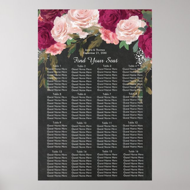 platshållarskylt för burgundssäten för rosa blommi poster (Framsidan)