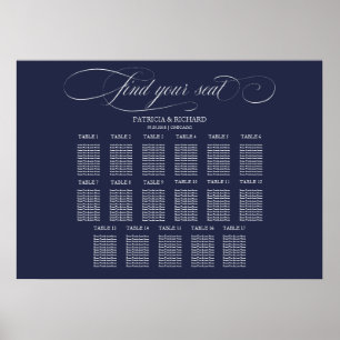 Platsindelningsskylt för bröllop 17 bord Navy Blue Poster