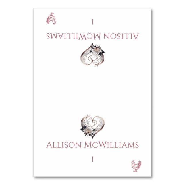 Platskort för bröllop-Kycklingikon-Rosa hjärta Bordsnummer (Framsidan)