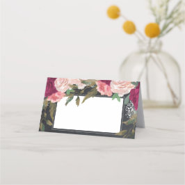 platskort för burgrå rosa blommigt- bröllop placeringskort