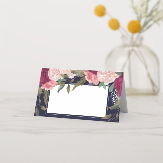 platskort för burgundisk rosa blommigt bröllop placeringskort (Framsida)