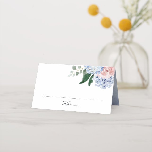 Platskort för Dusty Blue hydrangeas rosa ros Placeringskort (Framsida)