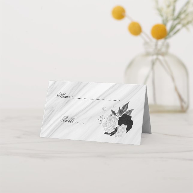 platskort för svarta och vita blommigtar placeringskort (Framsida)