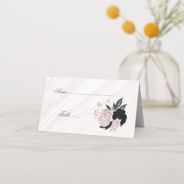 platskort för svartvitt och rosa blommigt placeringskort (Framsida)