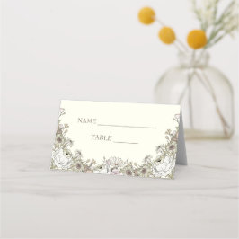 Platskort för teckning-blommor, elfenbensfält vint placeringskort