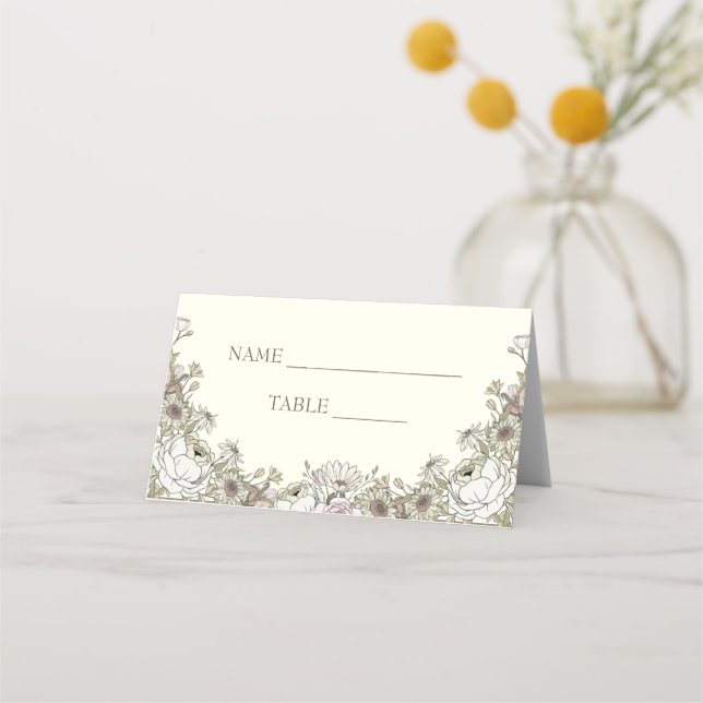 Platskort för teckning-blommor, elfenbensfält vint placeringskort (Framsida)