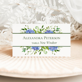 Platskort med blå hydrangeor bordsnummer