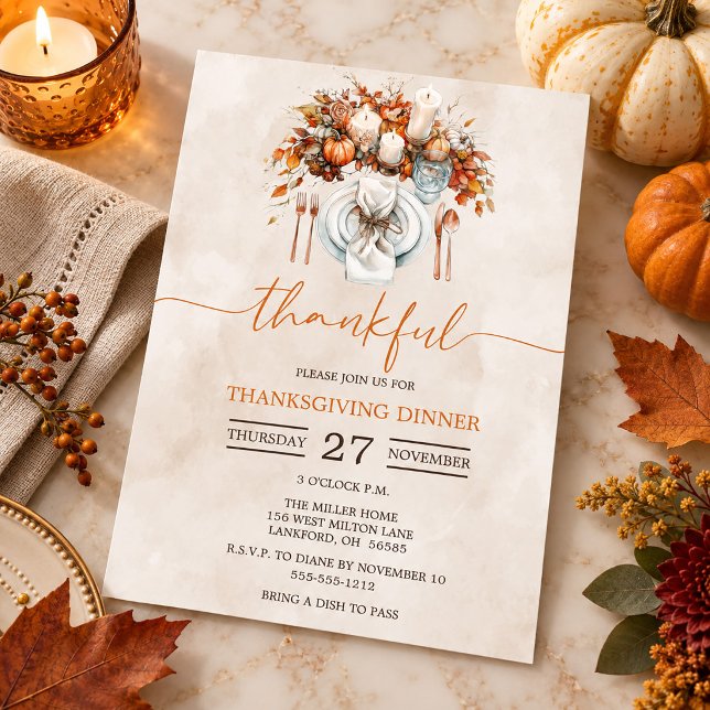 Platssättning Tacksam Thanksgiving Middag Inbjudningar (Place Setting Thankful Thanksgiving Dinner Invitation)