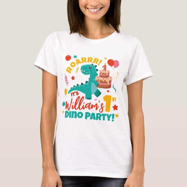 Platt 1:a födelsedag Dino Party färgstark T Shirt (Framsida)