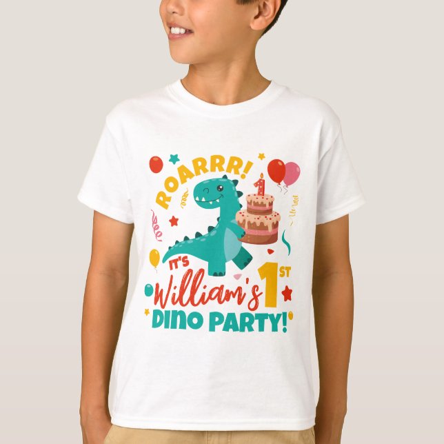 Platt 1:a födelsedag Dino Party färgstark T Shirt (Framsida)