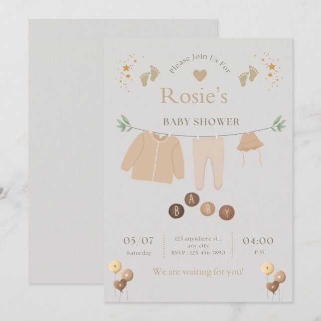 Platt Baby Shower-inbjudan Inbjudningar (Fram/baksida)