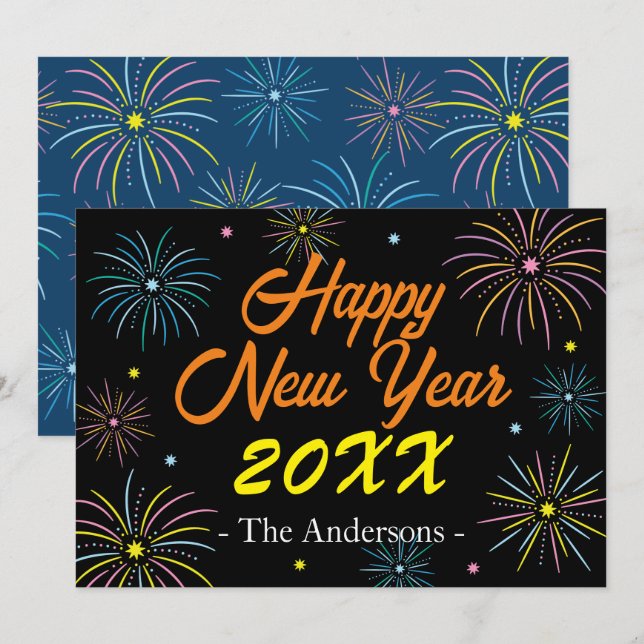 Platt färgfull Nyårsafton Party Julkort (Fram/baksida)