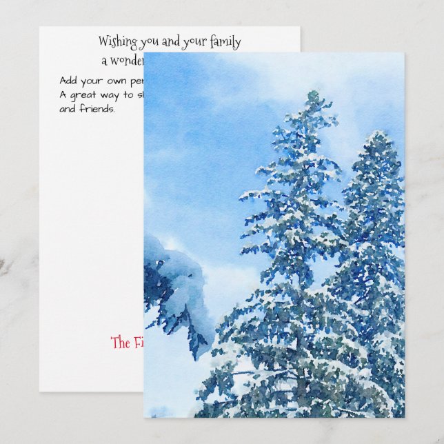 Platt Helgdag-kort med Snö-täckt vinter-Gräs-Träd Julkort (Fram/baksida)