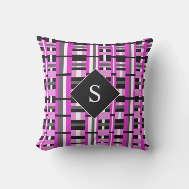 Platt i Rosa, svartvitt och Grått Monogrammat Kudde (Framsida)