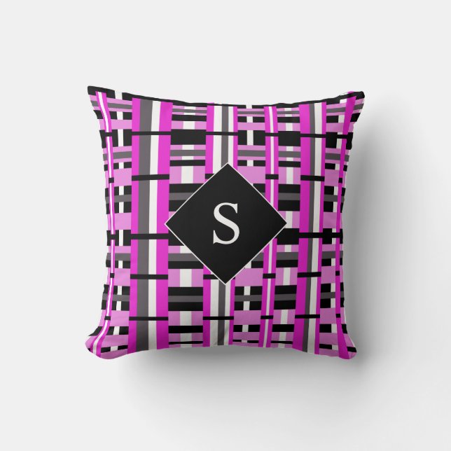 Platt i Rosa, svartvitt och Grått Monogrammat Kudde (Framsida)