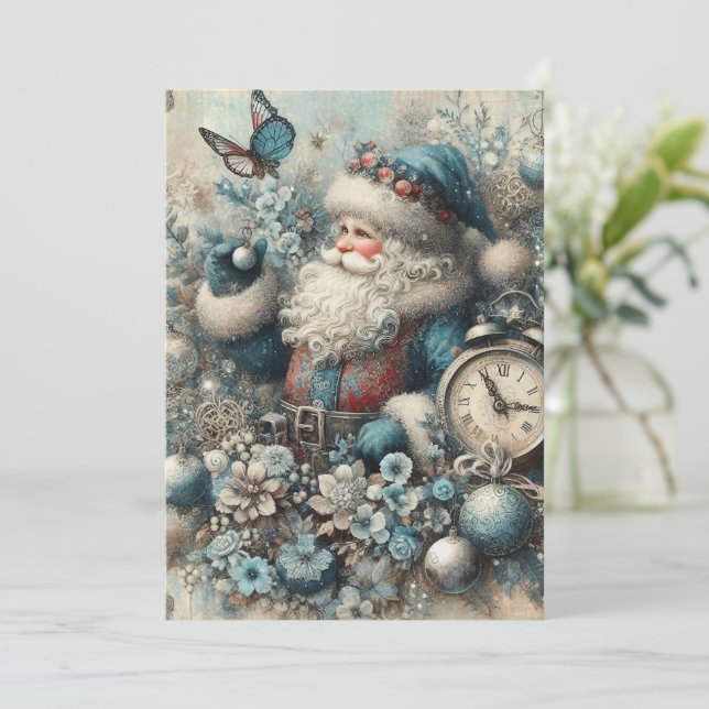 Platt Icke-Foto Vintage Blå Tomte Julkort (Stående Fram)