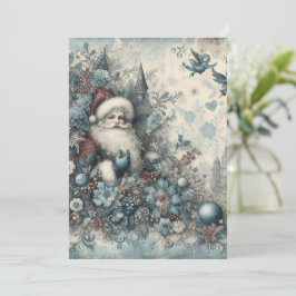 Platt Icke-Foto Vintage Blå Tomte Julkort