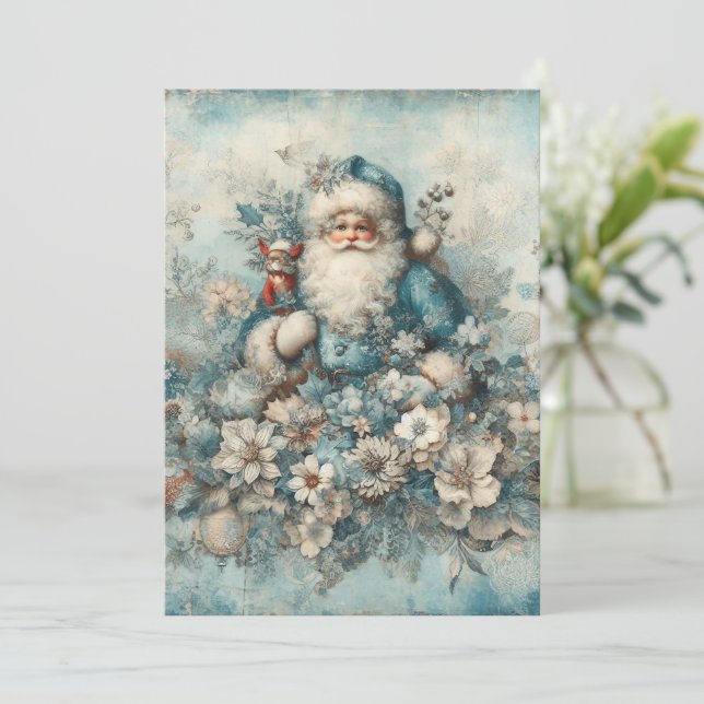 Platt Icke-Foto Vintage Blå Tomte Julkort (Stående Fram)