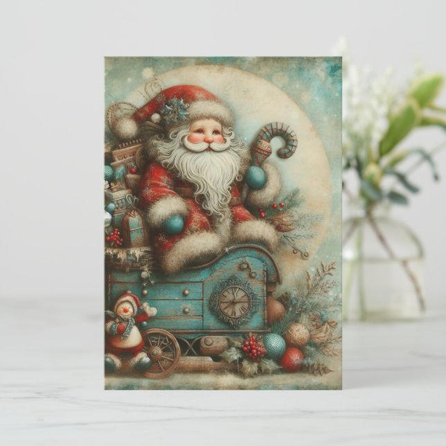 Platt Icke-Foto Vintage Blå Tomte Julkort (Stående Fram)