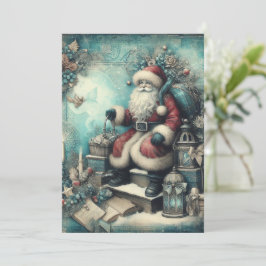 Platt Icke-Foto Vintage Blå Tomte Julkort