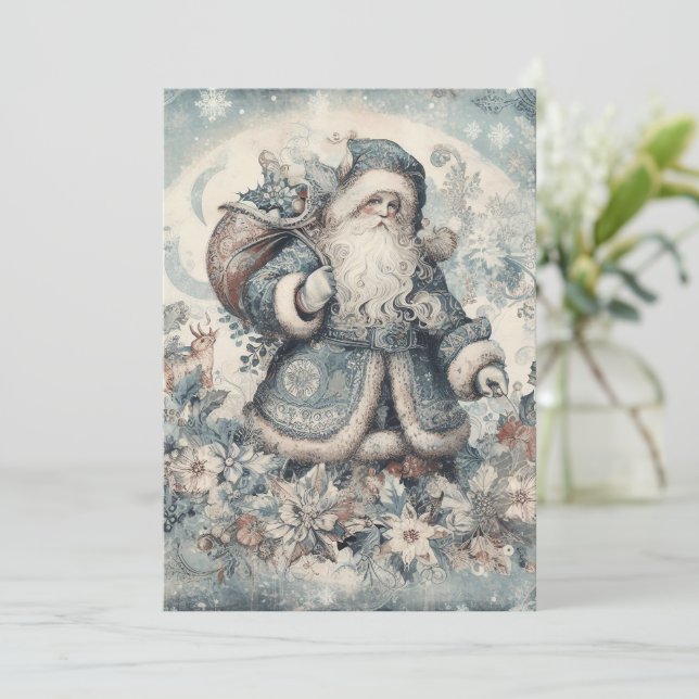Platt Icke-Foto Vintage Blå Tomte Julkort (Stående Fram)