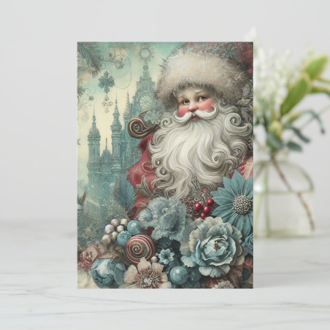 Platt Icke-Foto Vintage Blå Tomte Julkort (Stående Fram)