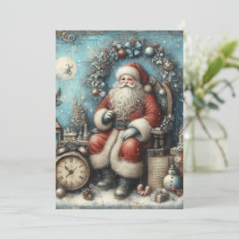 Platt Icke-Foto Vintage Blå Tomte Julkort