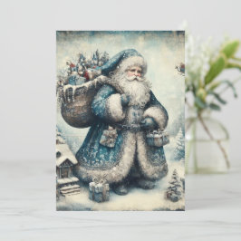 Platt Icke-Foto Vintage Blå Tomte Julkort