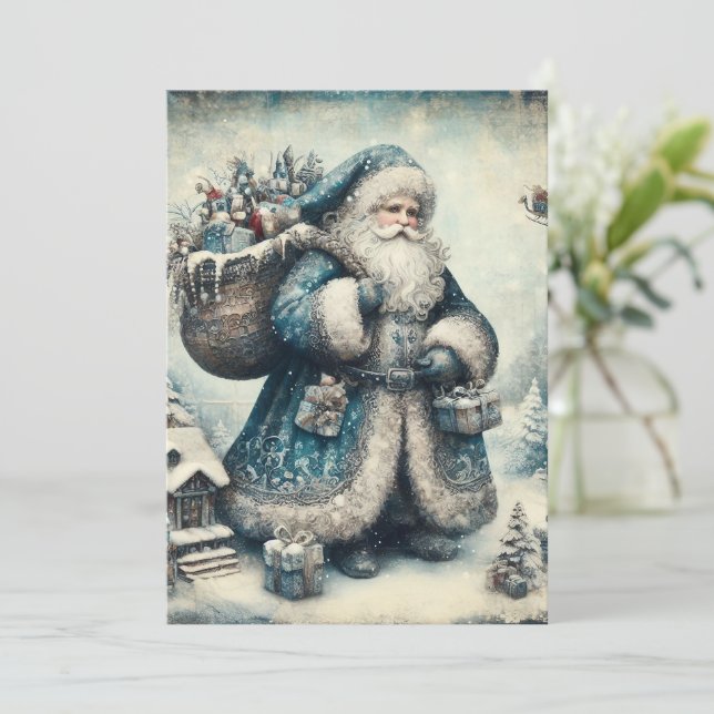 Platt Icke-Foto Vintage Blå Tomte Julkort (Stående Fram)