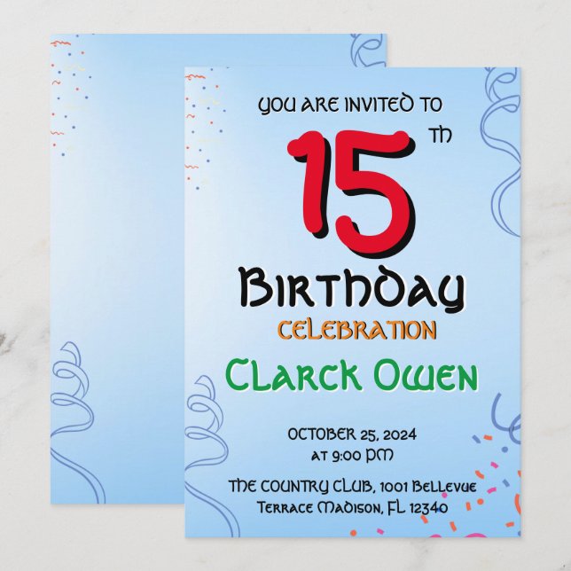 Platt inbjudan, 15:e födelsedagen inbjudningar (Fram/baksida)