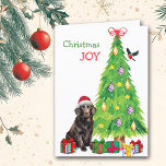 Platt Jackat uppfödning Hund, fåglar och Julgran Helgkort<br><div class="desc">På framsidan av detta julkort har en vacker, Jackat, Retriever hund en röd och vit Jultomten medan han sitter bredvid en träd. Paket som har en lätt inslagen gåva är utspridd och en tjurfäktning landar på Julgran. I den röda och grönt texten står det "Jul JOY". Insidan är stiliserad text...</div>