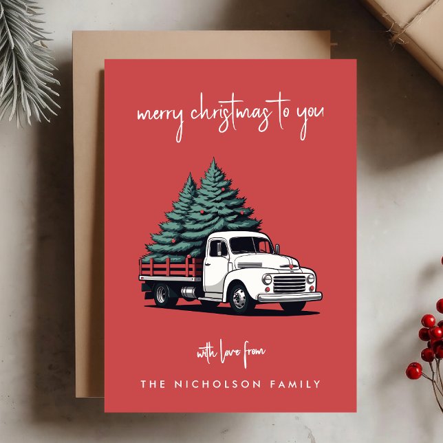 Platt julkort | Julgrans leveransbil ( A vintage inspired delivery truck flat holiday card design with retro festive flair)