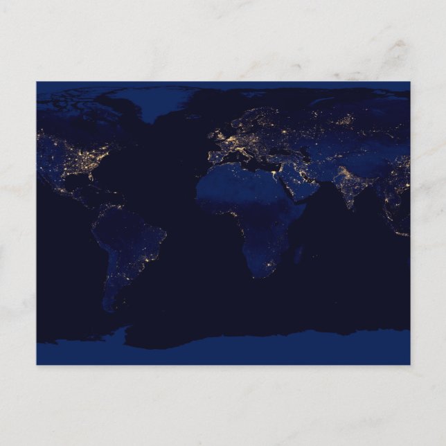 Platt karta över jorden som visar stadsljus i värl vykort (Framsida)