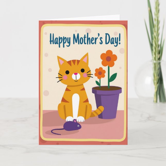 Platt katt lycklig mors dag-kort kort (Framsida)