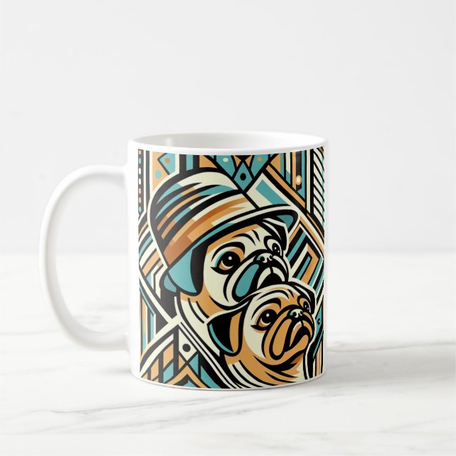 Platt konfronterad hund med den abstrakt kaffepres kaffemugg (Vänster)