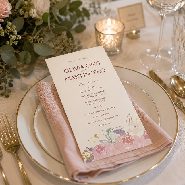 Platt kort Elegant blomsterbröllopsprogram inbjuda (Elegant Floral Wedding Ceremony Program for Romantic Reception Table Styling)