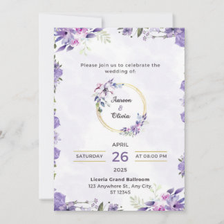 Platt kort lila-blommig bröllopsinbjudan kort