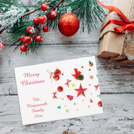 Platt kort med rödfärgade ornament i god jul