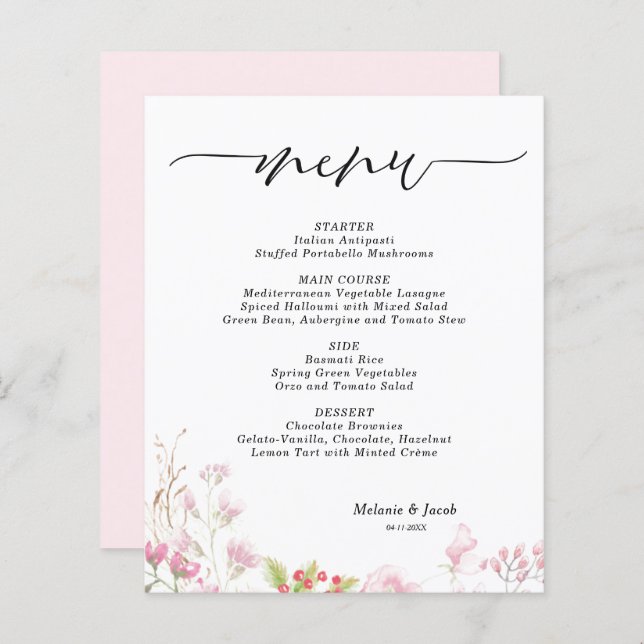 Platt meny-kort för Rosa av budgetElegant för Blom (Fram/baksida)