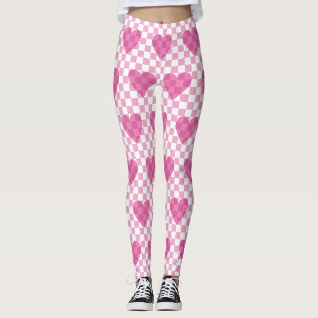 Platt Rosa Hjärtkontroll mönster Leggings (Framsida)