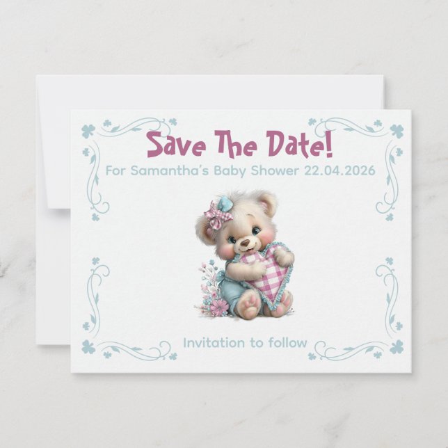 Platt Spara Datum Kort Teddybjörn Baby Shower (Framsida)